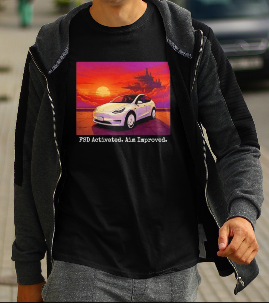 Tesla Model Y FSD Activated Aim Improved Sunset Futuristic City Scene T-Shirt