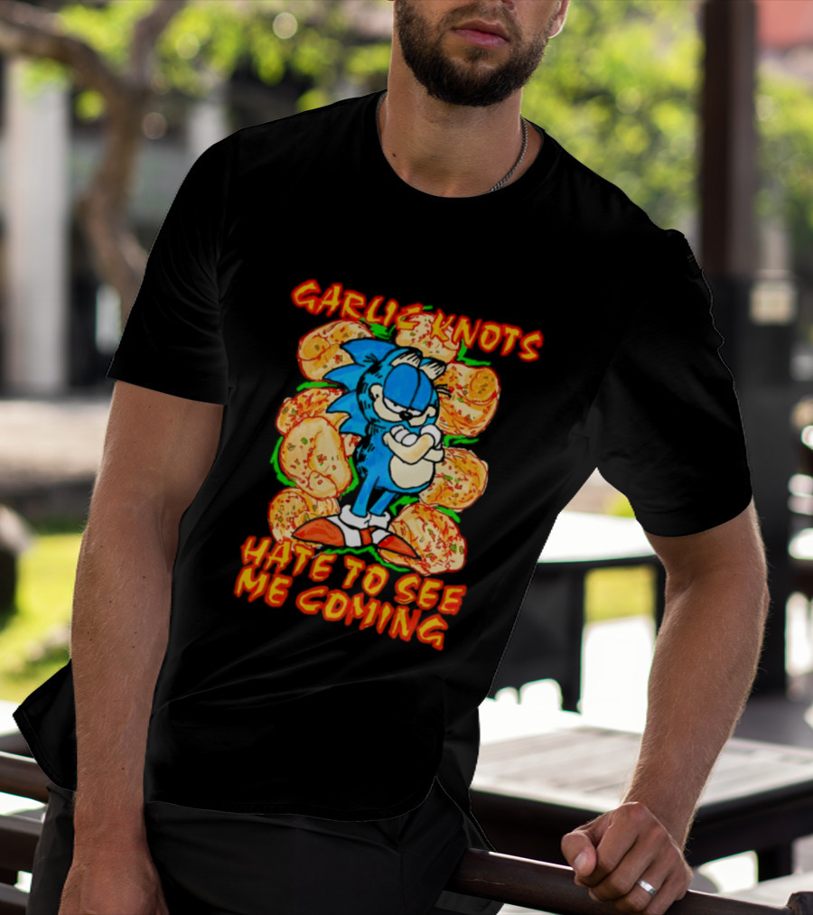 Garlic Knots Hate To See Me Coming Blue Character Surrounded By Cheesy Snacks T-Shirt