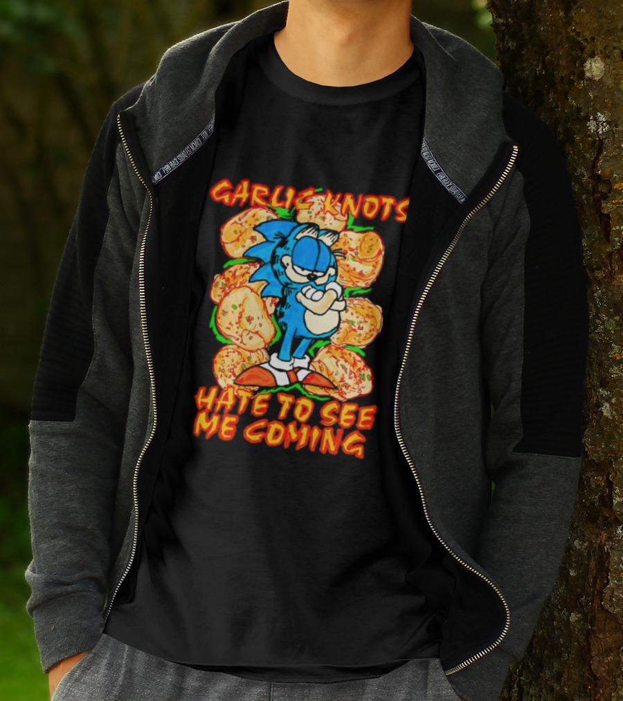Garlic Knots Hate To See Me Coming Blue Character Surrounded By Cheesy Snacks T-Shirt