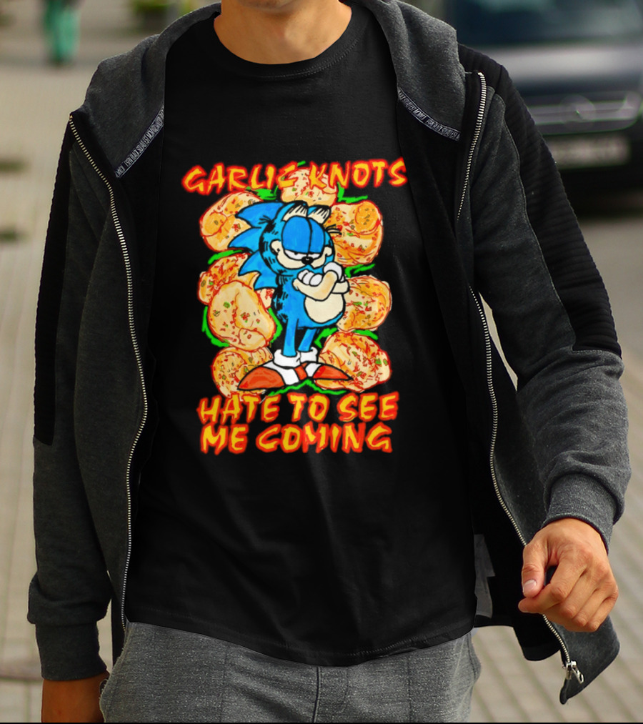 Garlic Knots Hate To See Me Coming Blue Character Surrounded By Cheesy Snacks T-Shirt