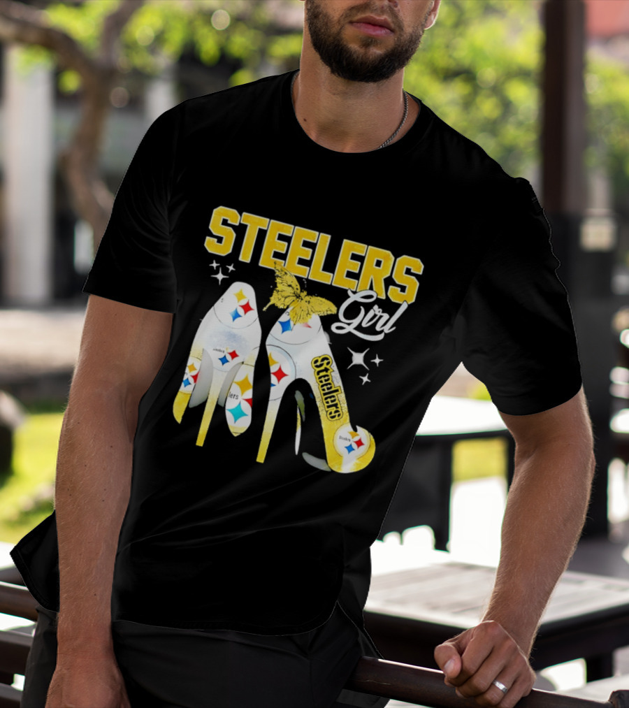 Steelers Girl High Heels With Butterfly And Stars T-Shirt