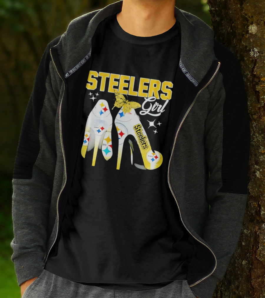 Steelers Girl High Heels With Butterfly And Stars T-Shirt