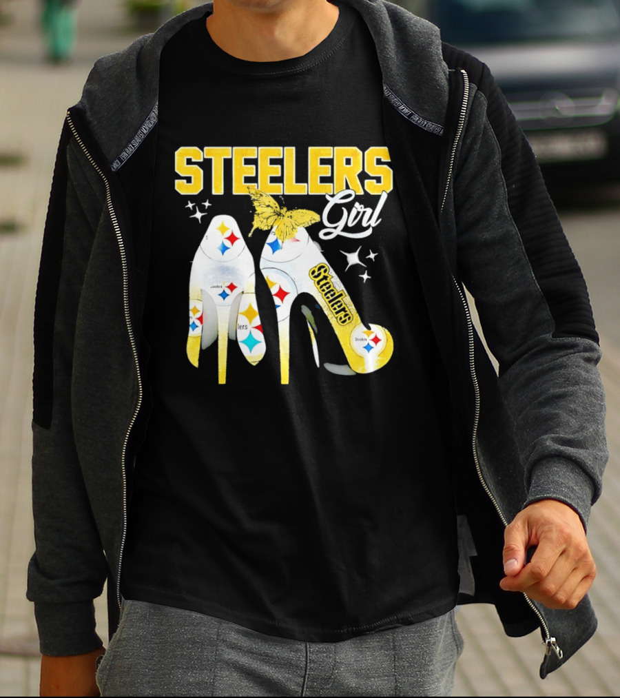 Steelers Girl High Heels With Butterfly And Stars T-Shirt