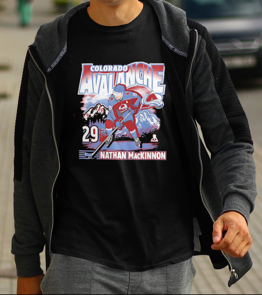 Colorado Avalanche Nathan MacKinnon 29 Hockey Mountain Scene T-Shirt