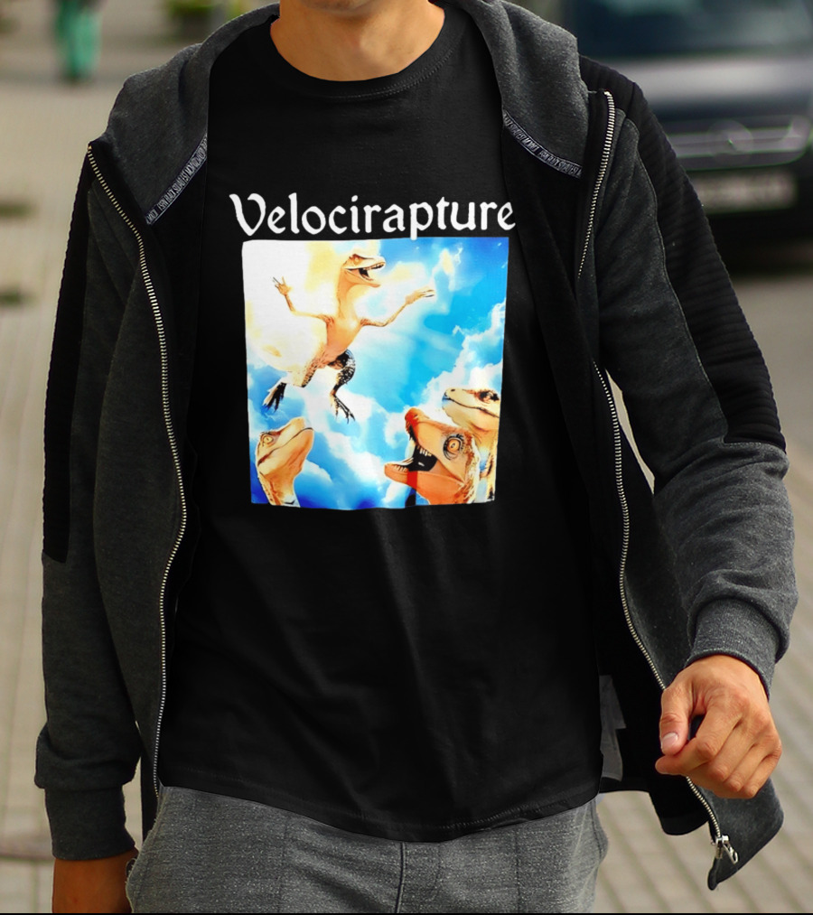 Velocirapture Dinosaur Raptor With Clouds And Blue Sky T-Shirt