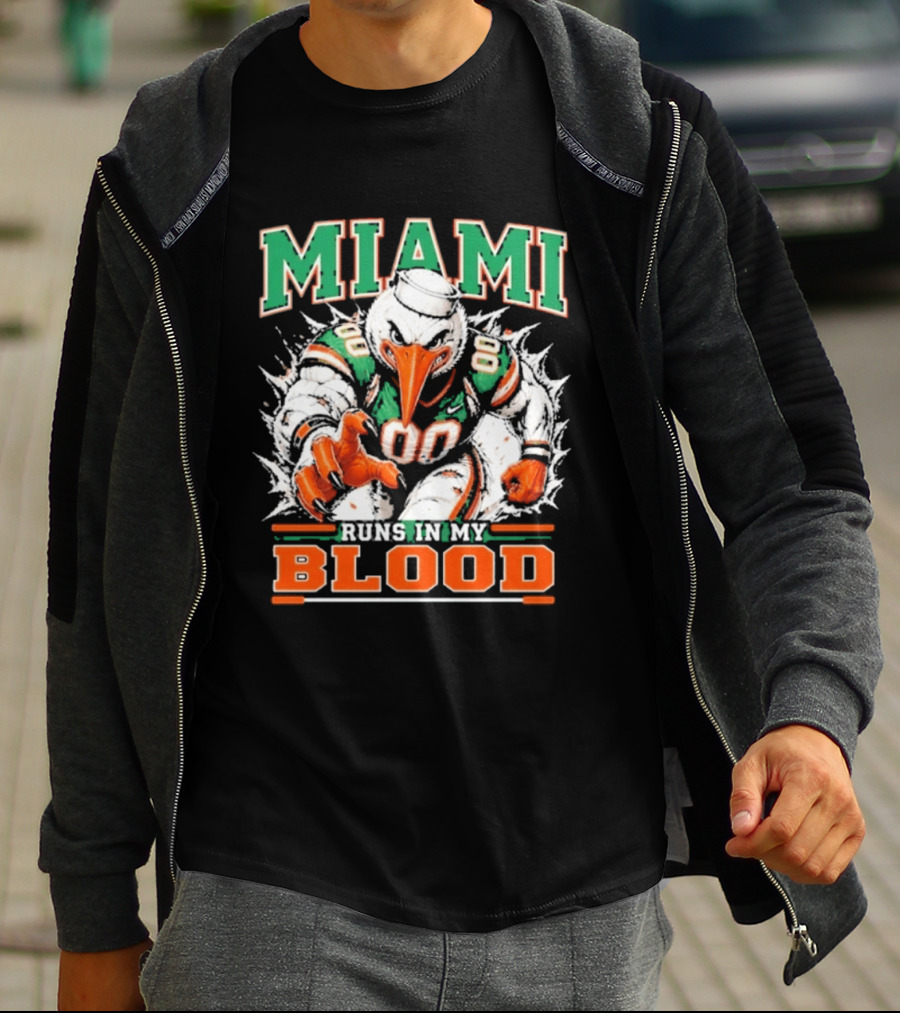 Miami Hurricanes Runs In My Blood Sebastian The Ibis NCAA Football T-Shirt