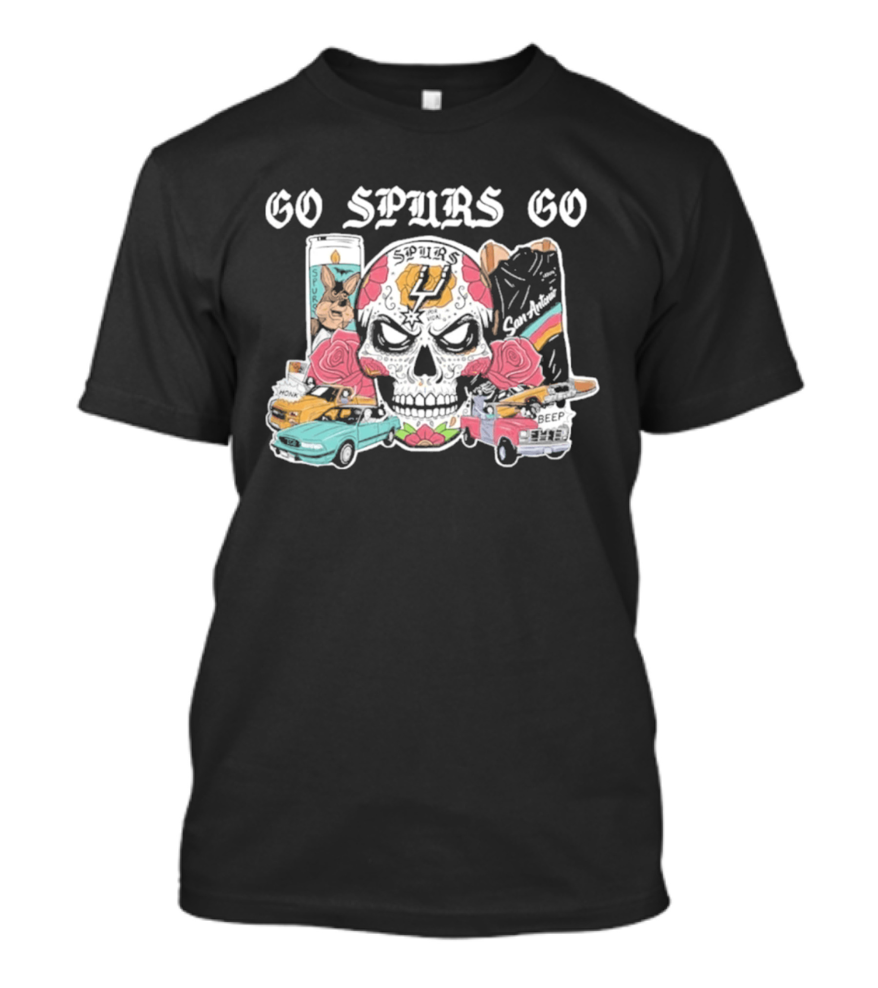 Go Spurs Go Skull With Cars Roses And Spurs Basketball T-Shirt