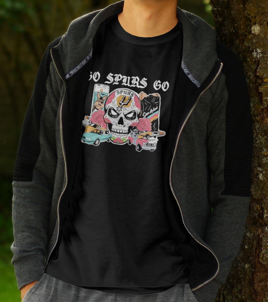 Go Spurs Go Skull With Cars Roses And Spurs Basketball T-Shirt