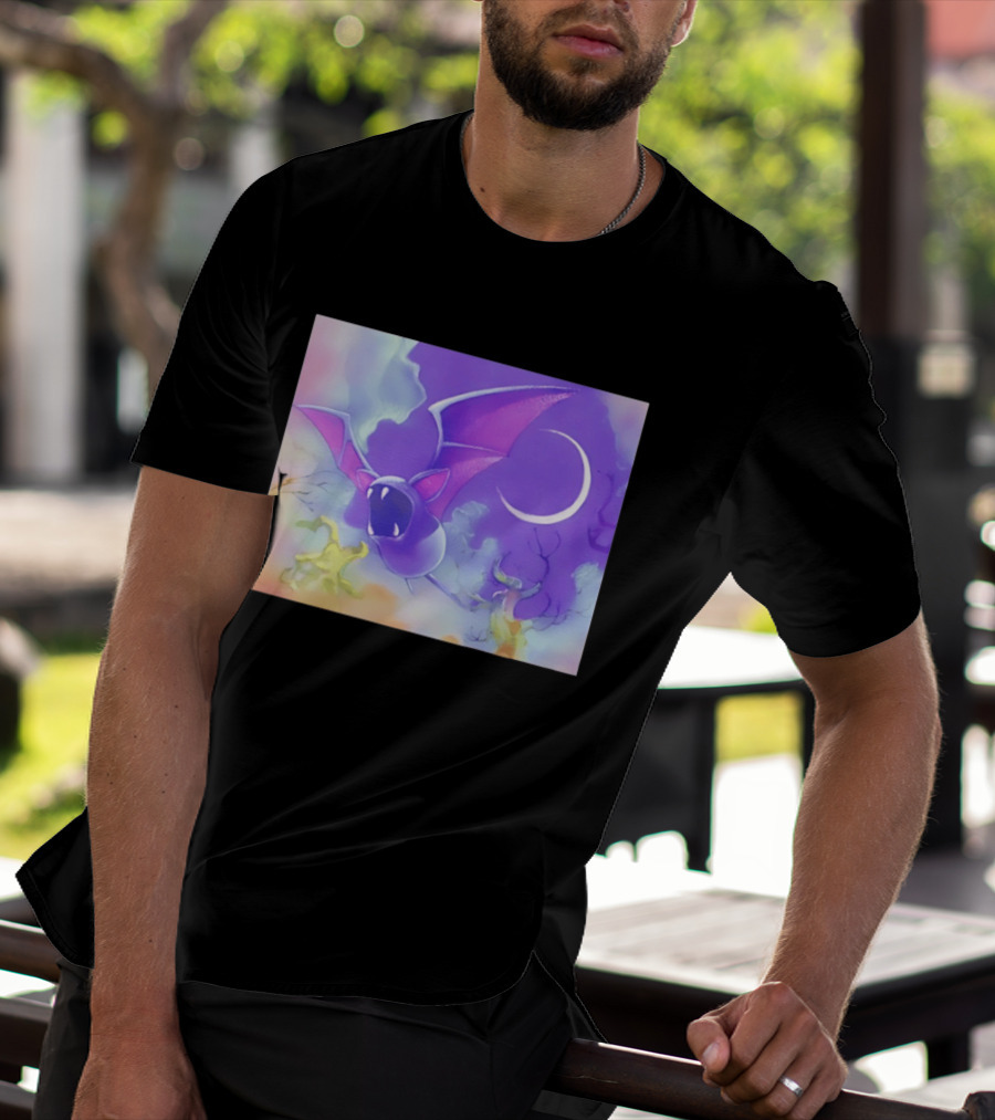 Spooky Bat With Pink Wings Flying Under Crescent Moon Halloween Night Scene T-Shirt