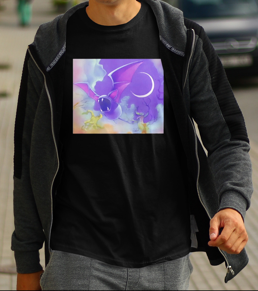 Spooky Bat With Pink Wings Flying Under Crescent Moon Halloween Night Scene T-Shirt