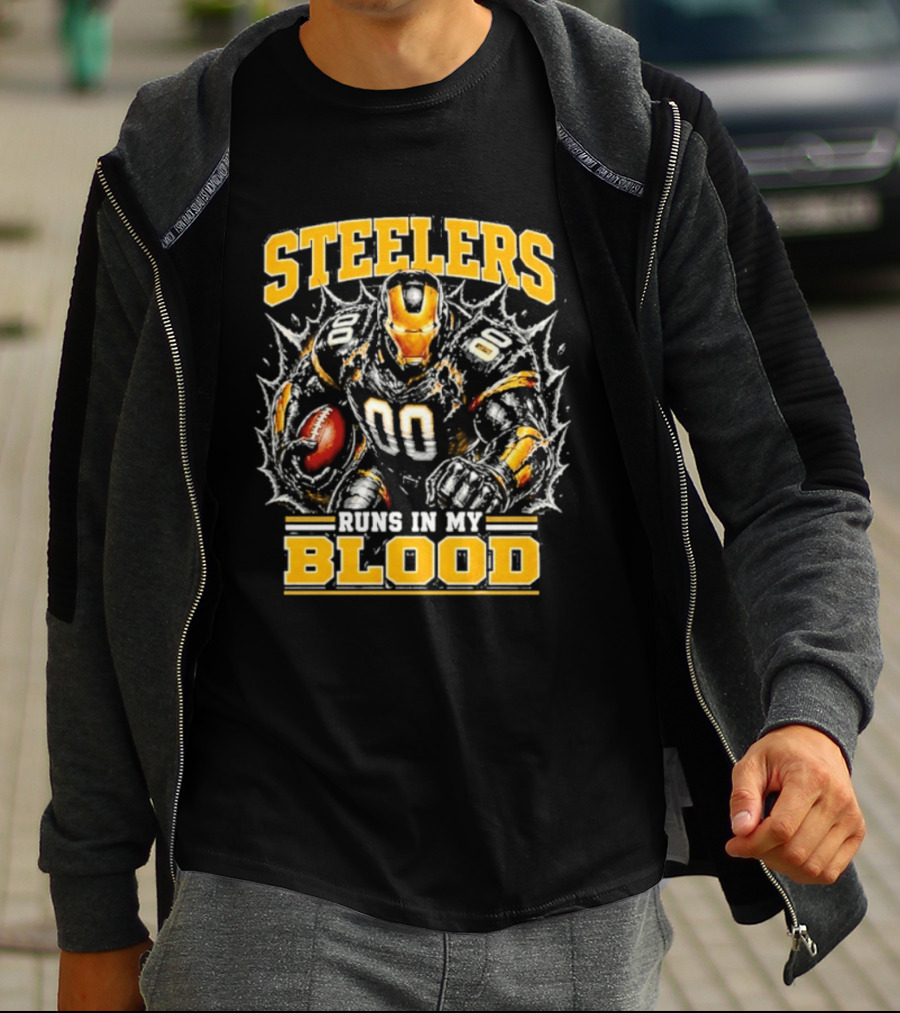 Steelers Runs In My Blood Iron Man Football Fusion T-Shirt