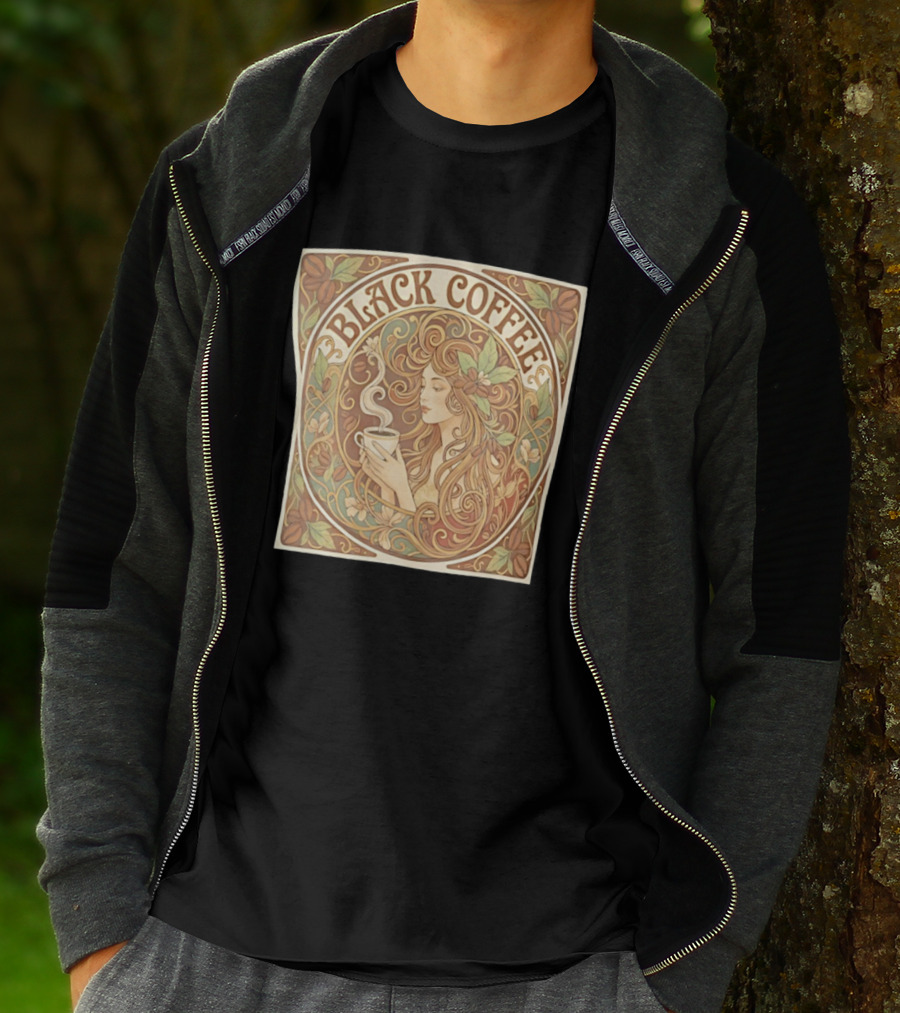 Black Coffee Nouveau Floral Steaming Art Deco T-Shirt
