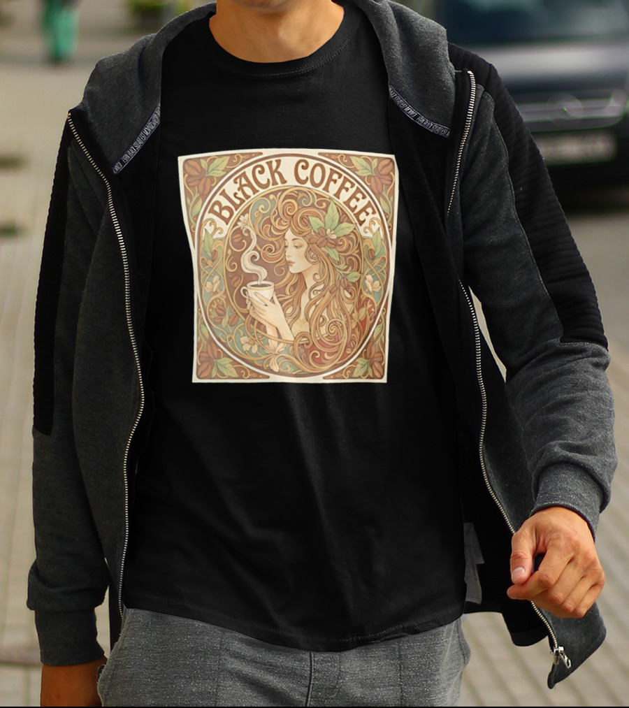 Black Coffee Nouveau Floral Steaming Art Deco T-Shirt