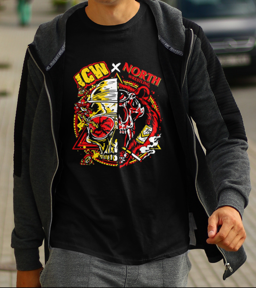 ICW X North Wrestling Split Skull Bear Head Concert Band T-Shirt