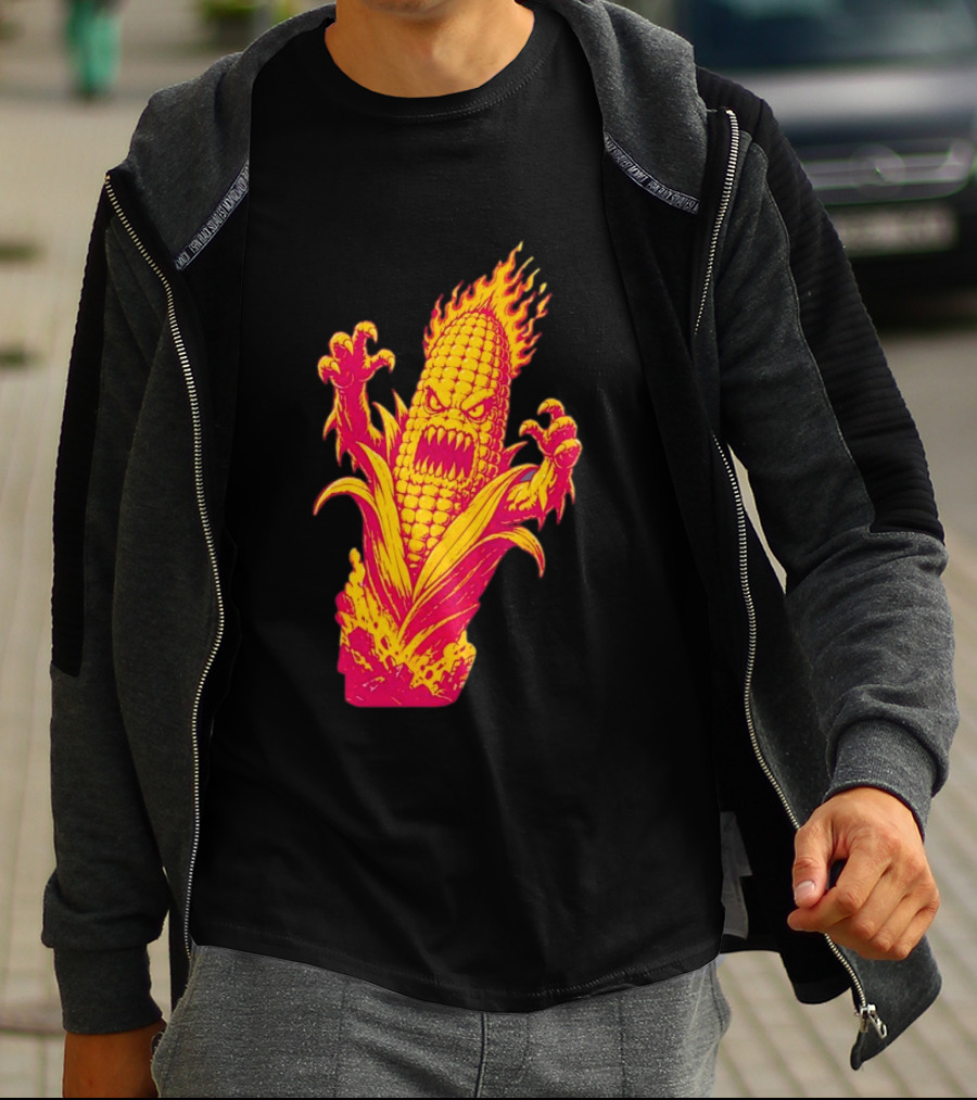 Fiery Mutant Corn Monster Kernels Of Terror Halloween Evil Cob T-Shirt