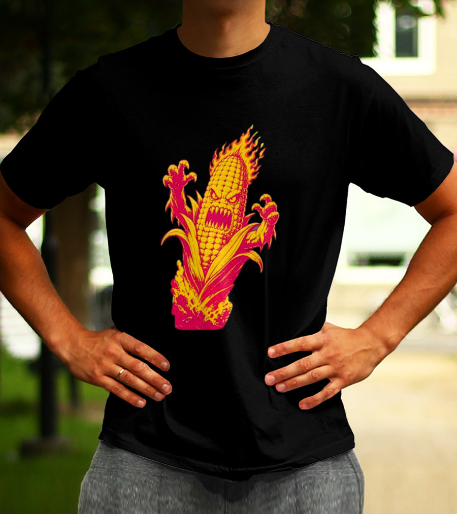 Fiery Mutant Corn Monster Kernels Of Terror Halloween Evil Cob T-Shirt