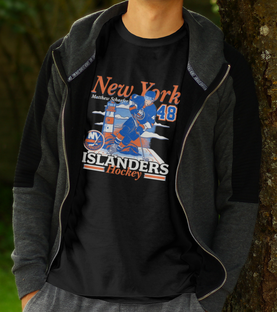 New York Islanders Hockey Matthew Schaefer 48 Player Lighthouse T-Shirt