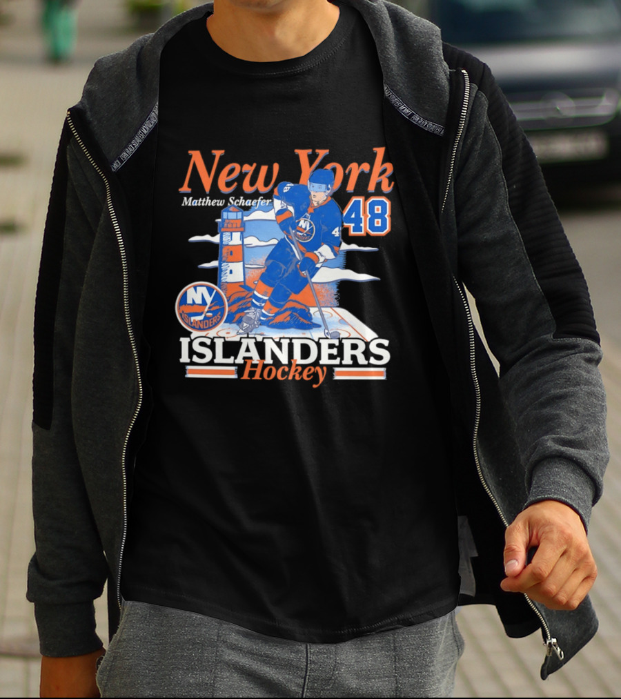 New York Islanders Hockey Matthew Schaefer 48 Player Lighthouse T-Shirt