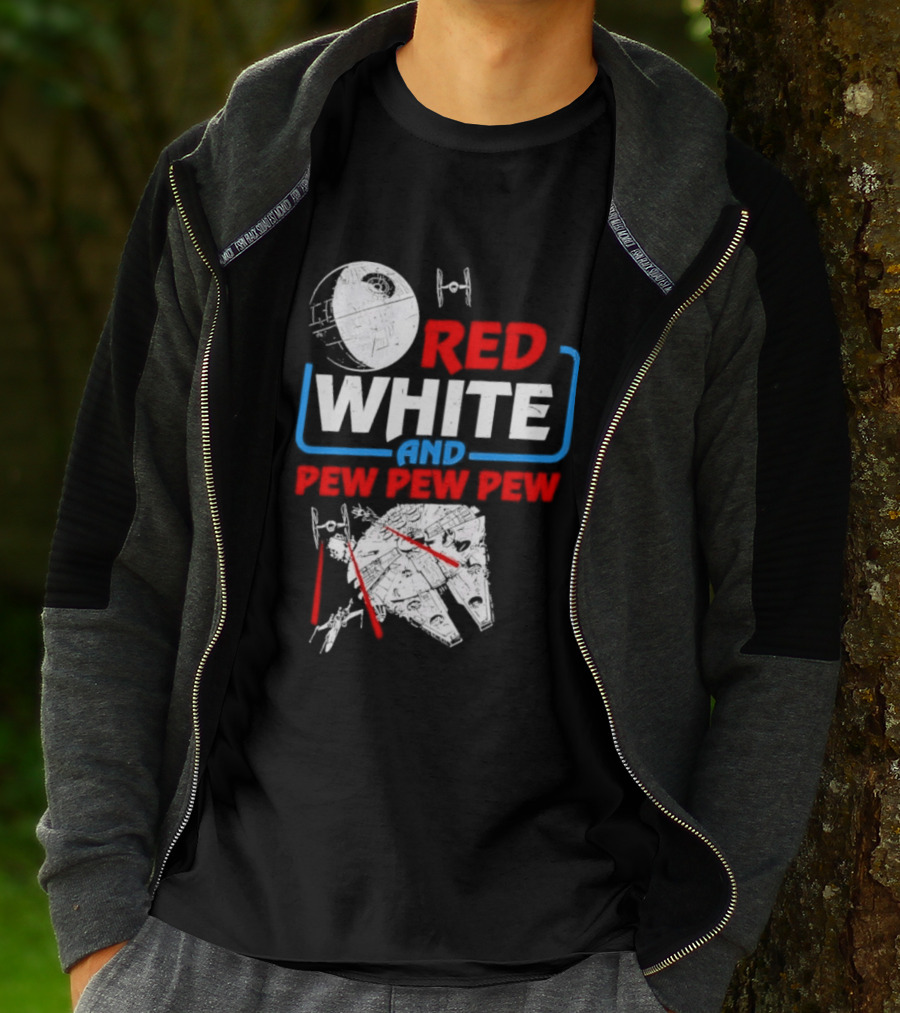 Star Wars Millennium Falcon Red White And Pew Pew Pew Death Star Tie Fighter T-Shirt