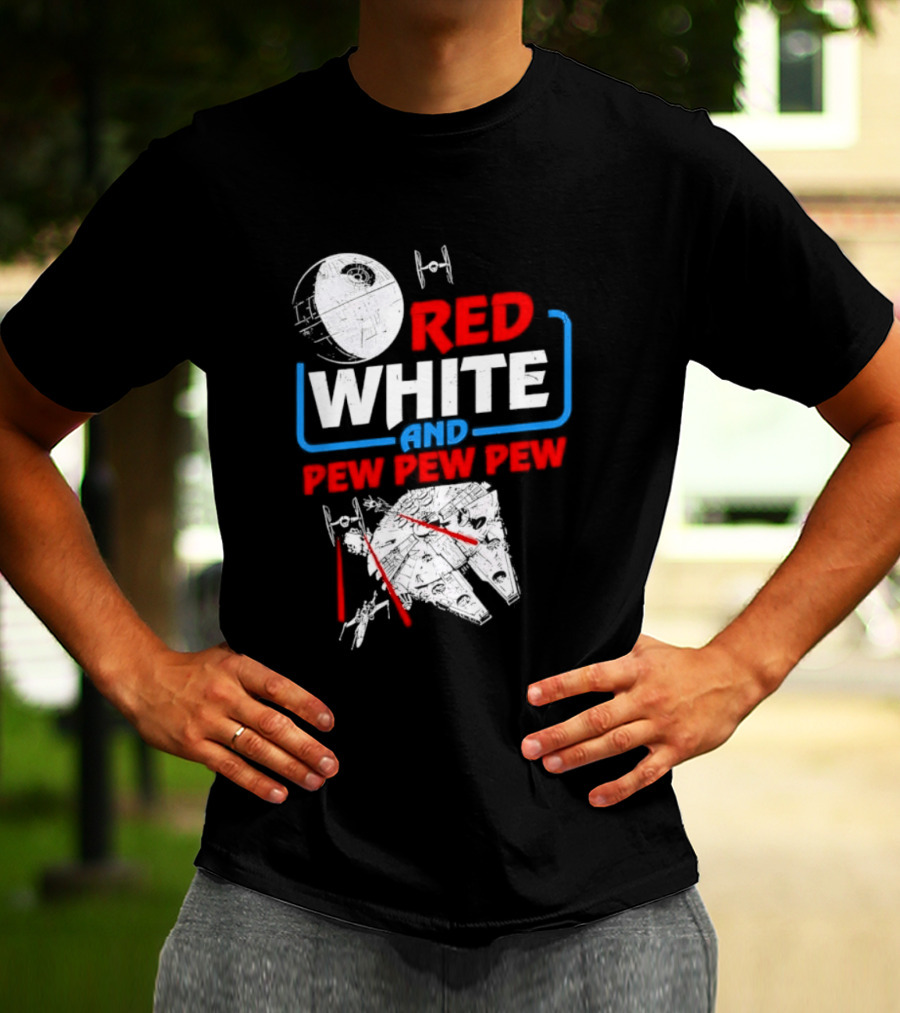 Star Wars Millennium Falcon Red White And Pew Pew Pew Death Star Tie Fighter T-Shirt