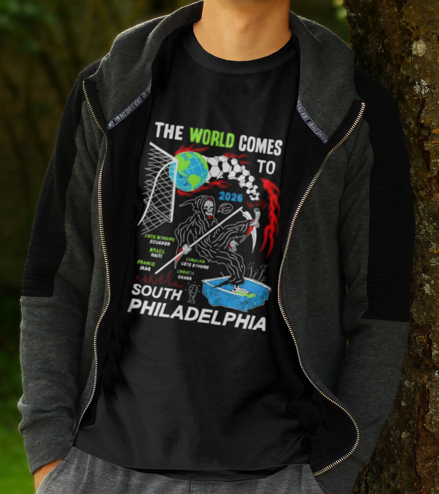 The World Comes To South Philadelphia 2026 Soccer Celebration With Global Icons And Dynamic Red Flames T-Shirt