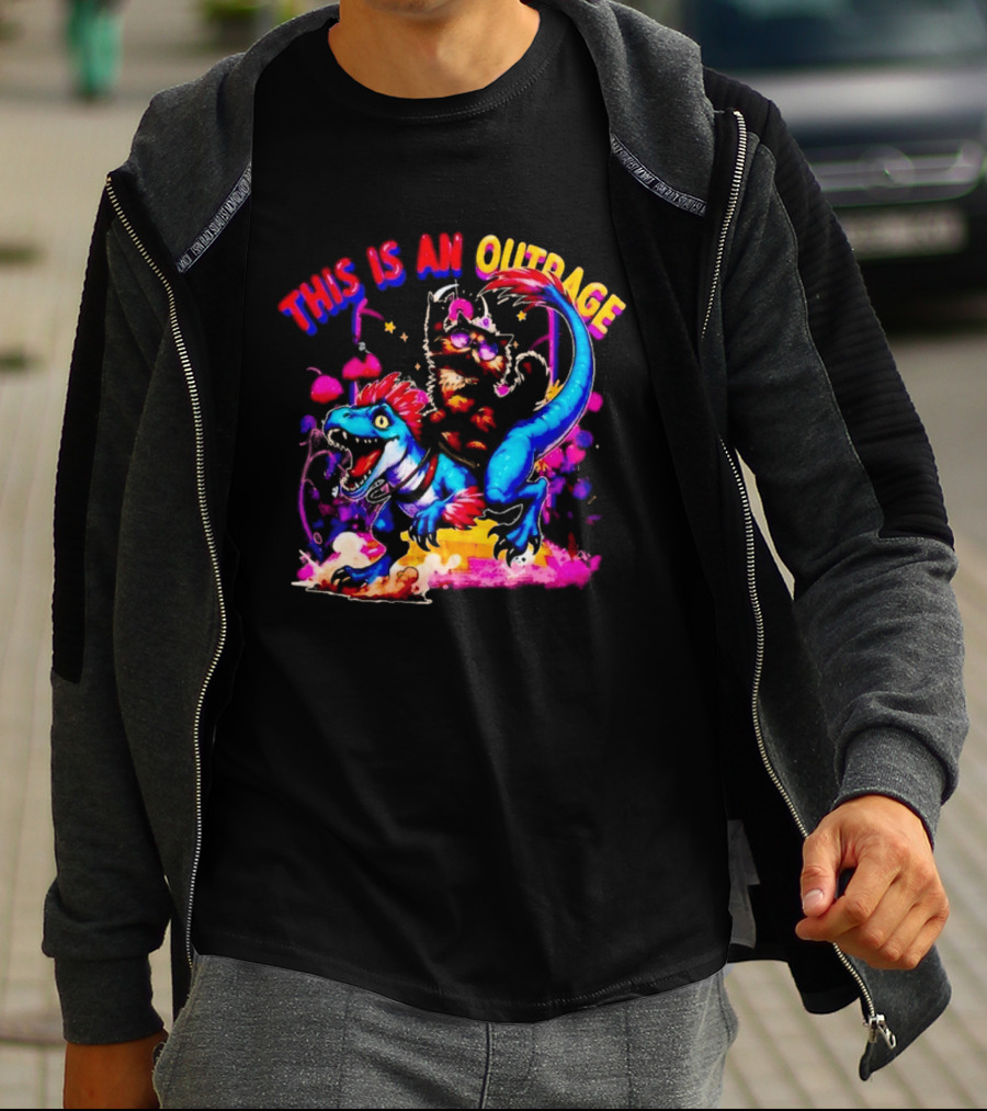 This Is An Outrage Cat Riding Blue Raptor Dinosaur Jurassic T-Shirt