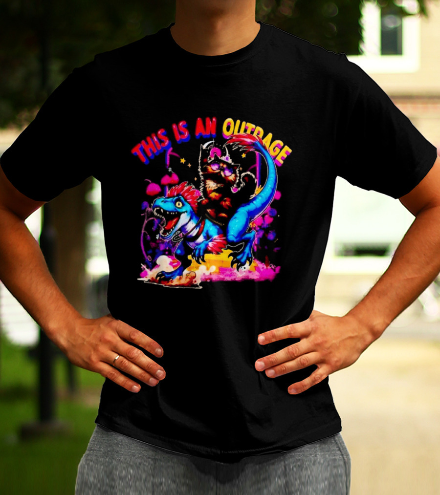 This Is An Outrage Cat Riding Blue Raptor Dinosaur Jurassic T-Shirt