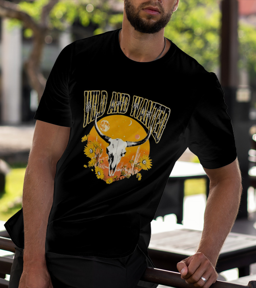 Wild And Wanted Bull Skull Sun Moon Desert Cactus Flowers Western Boho T-Shirt