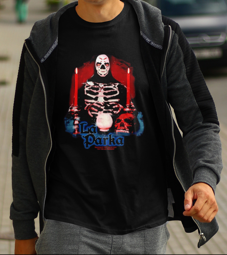 La Parka Lucha Libre Skeleton With Candles And Skull T-Shirt