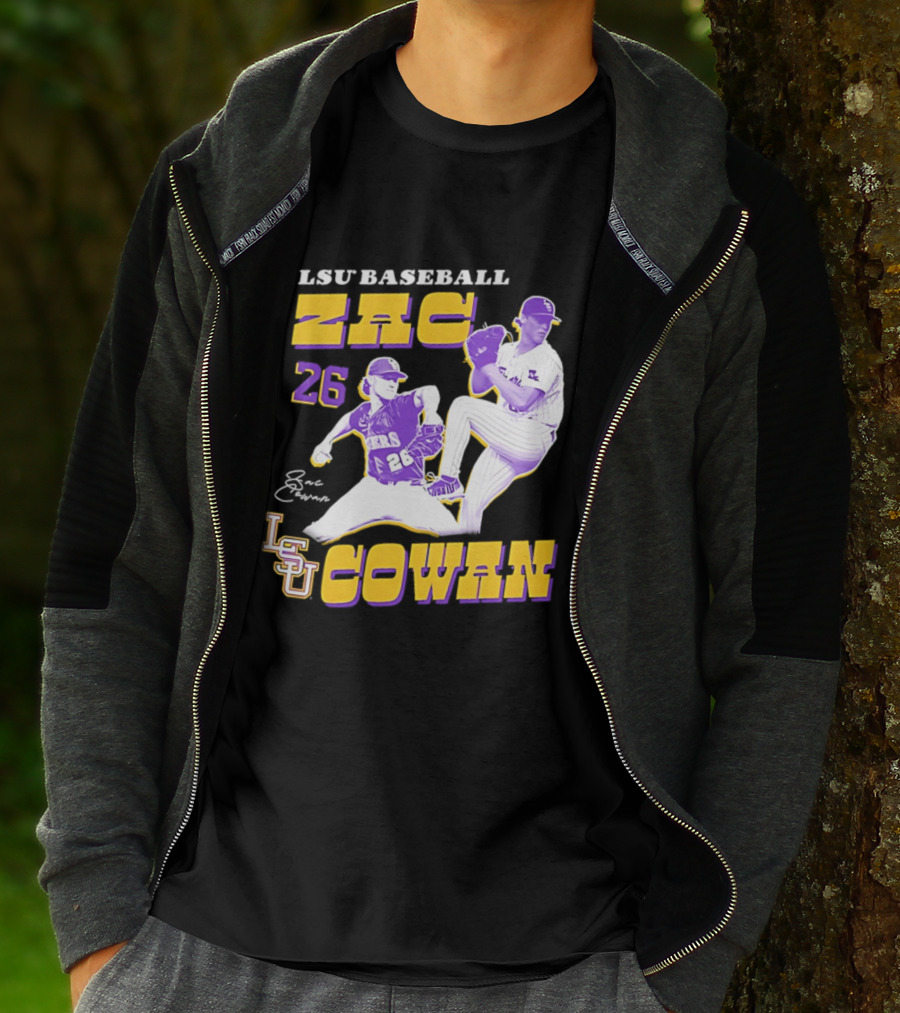 LSU Baseball Zac Cowan 26 Pitching Action Pose T-Shirt