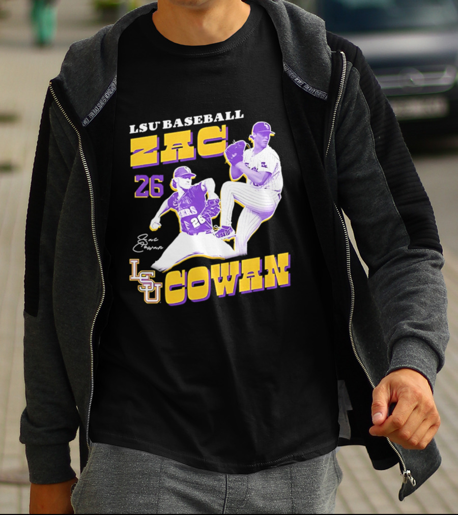 LSU Baseball Zac Cowan 26 Pitching Action Pose T-Shirt