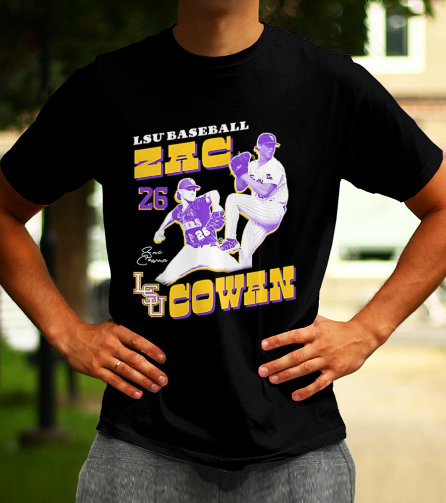 LSU Baseball Zac Cowan 26 Pitching Action Pose T-Shirt