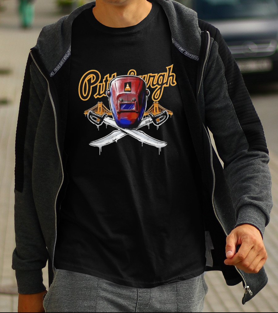 Pittsburgh Welding Mask Crossed Swords Bridge City Steel Construction Cone T-Shirt