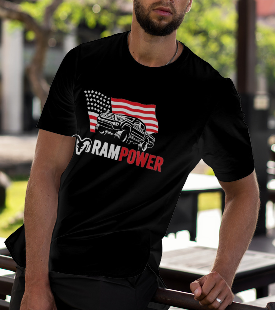 RAMPOWER American Flag Truck And Ram Head T-Shirt
