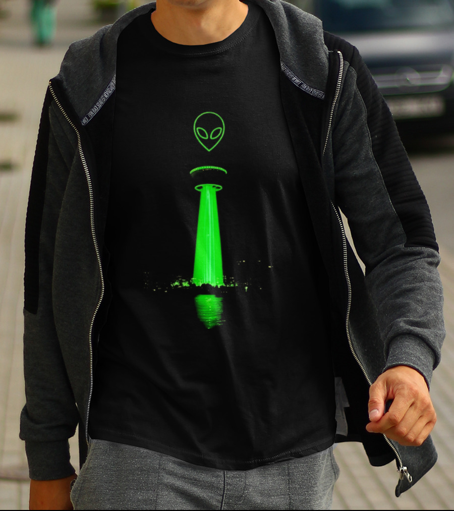 Victor Wamby Alien Spaceship Calgary Tower Abduction UFO Green Glow T-Shirt