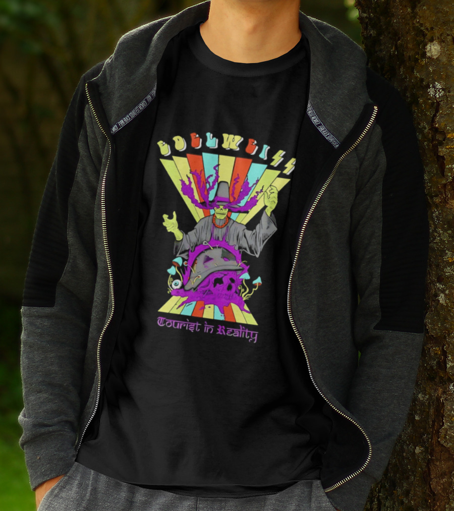Edelweiss Skeleton Warlock Psychedelic Rainbow Tourist In Reality T-Shirt