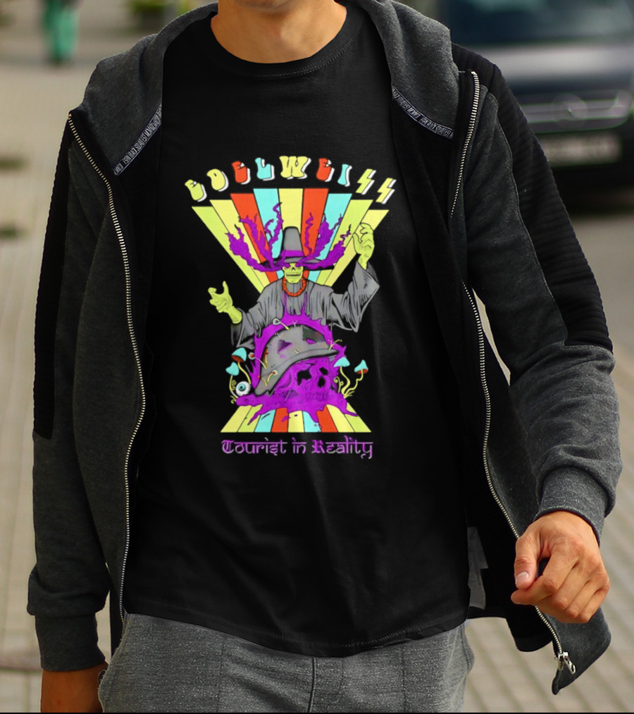Edelweiss Skeleton Warlock Psychedelic Rainbow Tourist In Reality T-Shirt