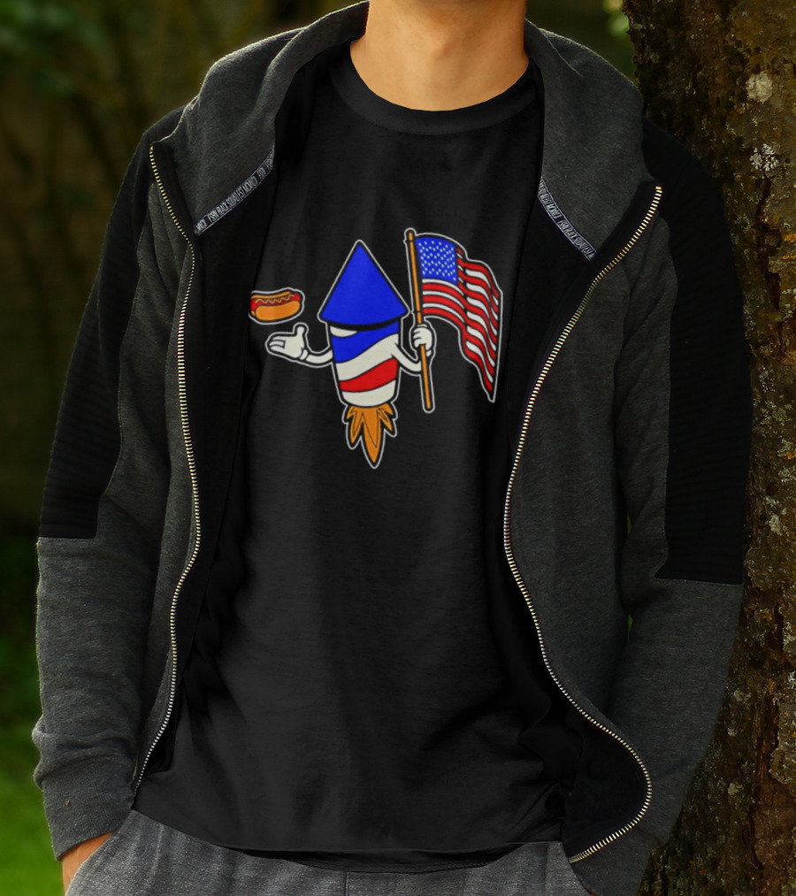 Fireworks Rocket American Flag And Hot Dog Celebration T-Shirt