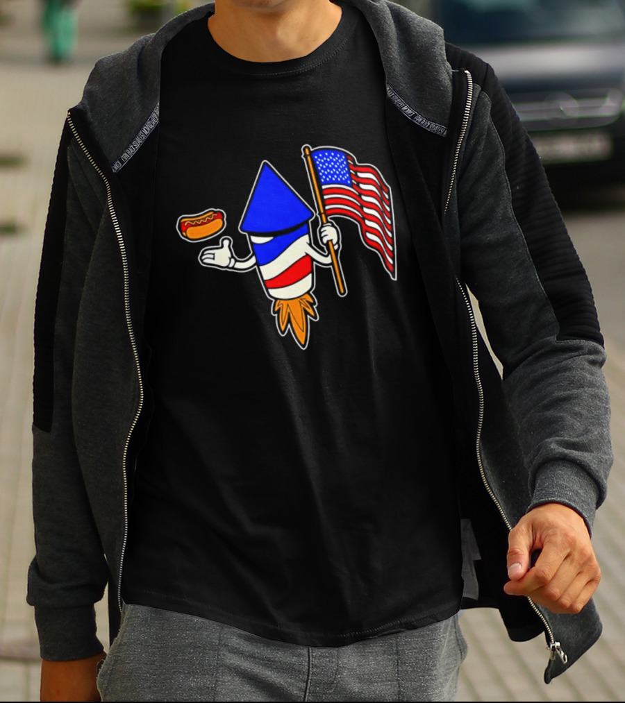 Fireworks Rocket American Flag And Hot Dog Celebration T-Shirt