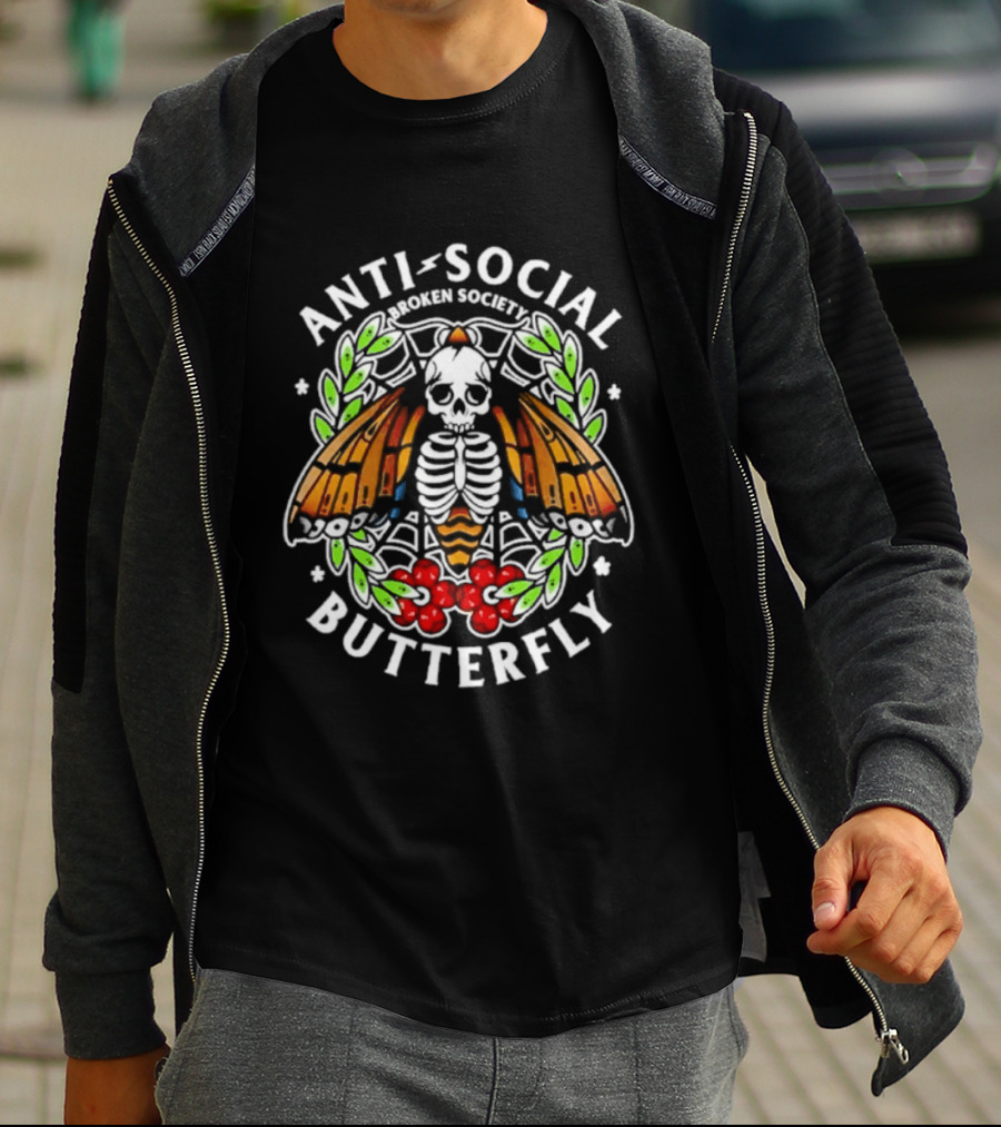 Anti Social Butterfly Broken Society Skull Moth T-Shirt