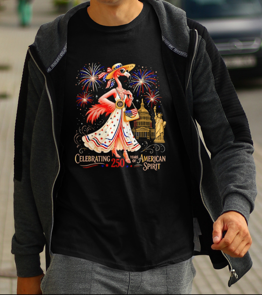 Celebrating 250 Years Of American Spirit Flamingo Statue Of Liberty Capitol Fireworks T-Shirt