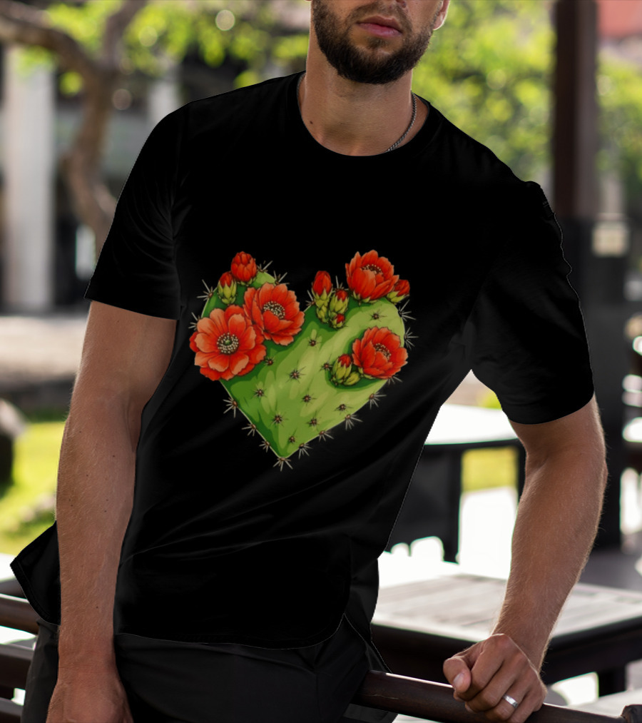 Heart Shaped Cactus With Vibrant Red Flowers T-Shirt