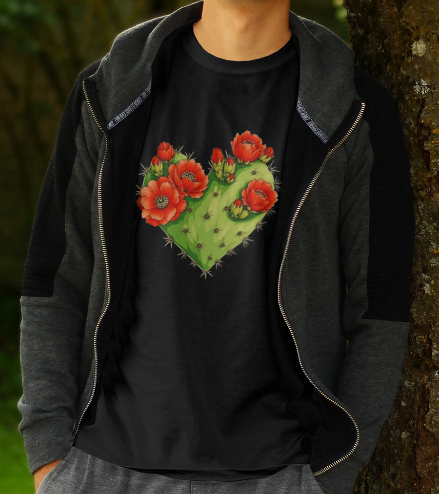 Heart Shaped Cactus With Vibrant Red Flowers T-Shirt