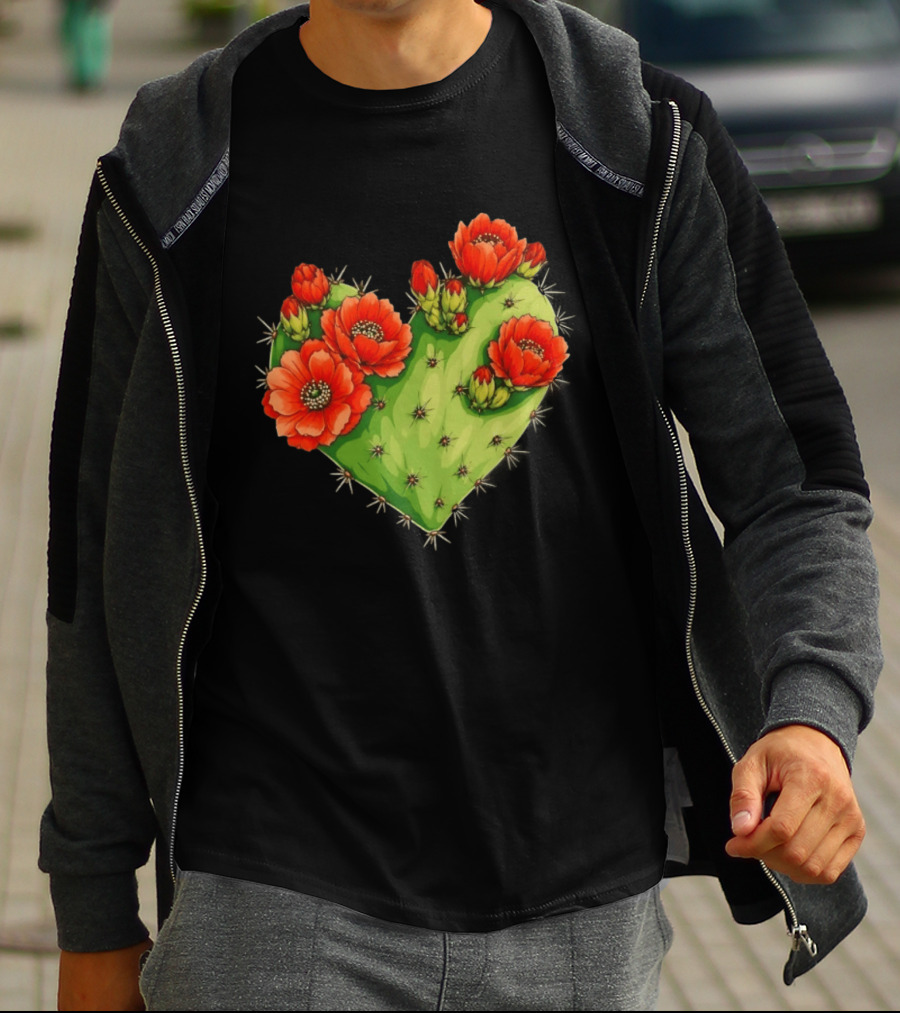 Heart Shaped Cactus With Vibrant Red Flowers T-Shirt
