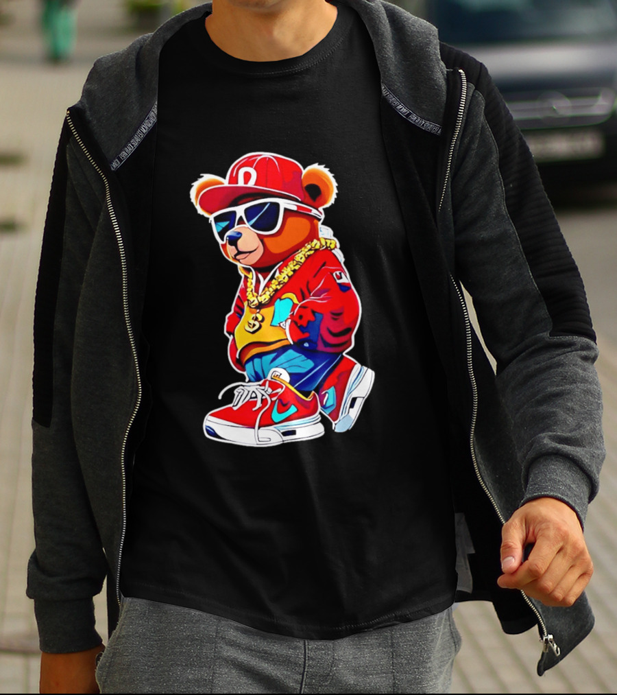 Hip Hop Teddy Bear Swag With Red Cap And Sunglasses T-Shirt