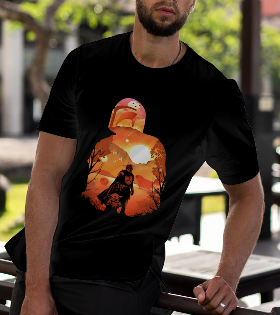 Hunting Companions Bounty Hunter Sunset Mandalorian Grogu Art By Dandingeroz T-Shirt