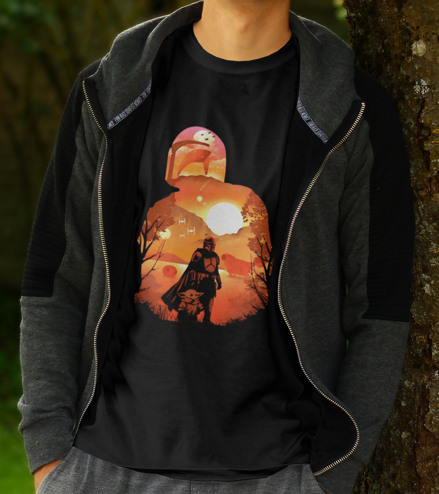 Hunting Companions Bounty Hunter Sunset Mandalorian Grogu Art By Dandingeroz T-Shirt