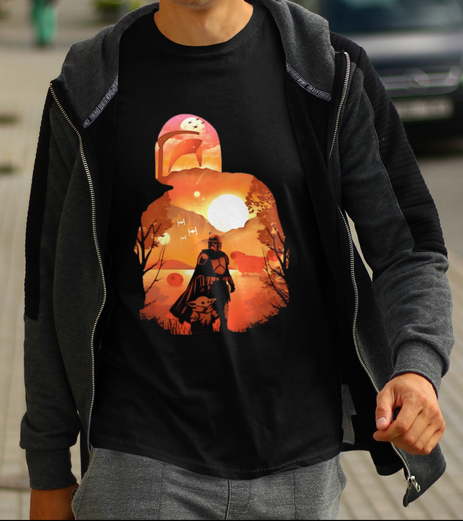 Hunting Companions Bounty Hunter Sunset Mandalorian Grogu Art By Dandingeroz T-Shirt