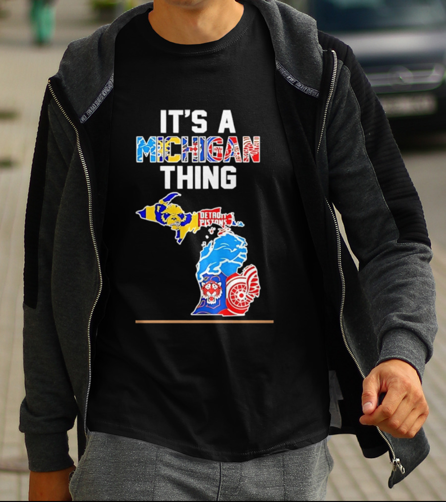 It's A Michigan Thing Detroit Pistons Lions Red Wings Sports Map T-Shirt