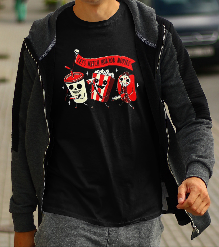 Let's Horror Movies Skull Soda Chainsaw Hot Dog And Popcorn T-Shirt